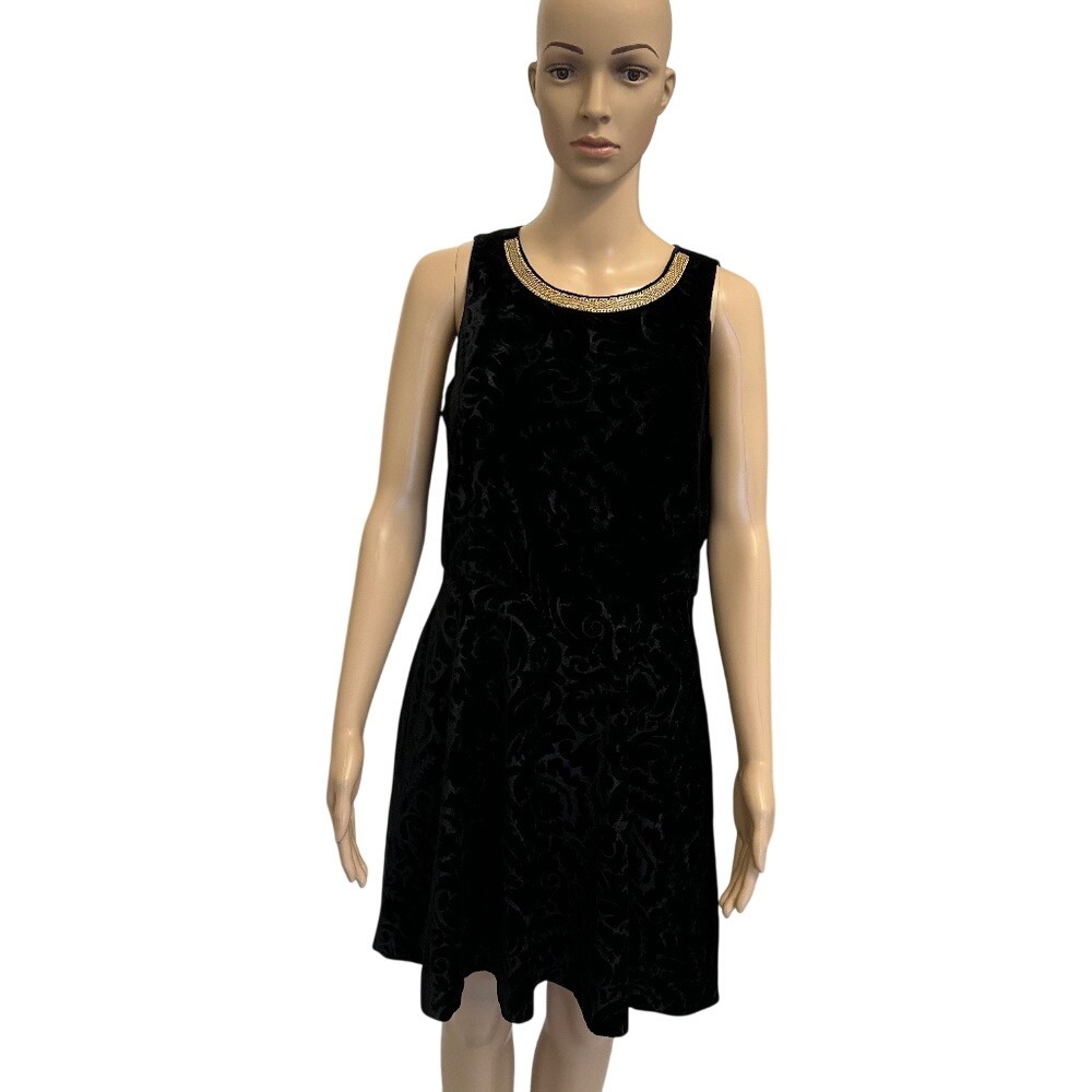 Michael Kors Black Velvet Burnout Dress Beaded Neckline Flare Skirt Size 6